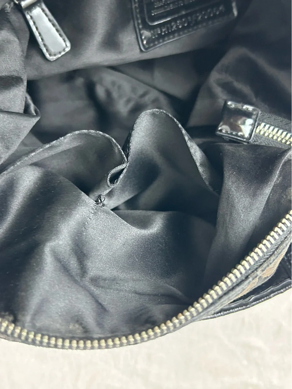 Coach #F20064 Black & Brown Signature Fabric Crossbody Hobo Bag Heart Charm